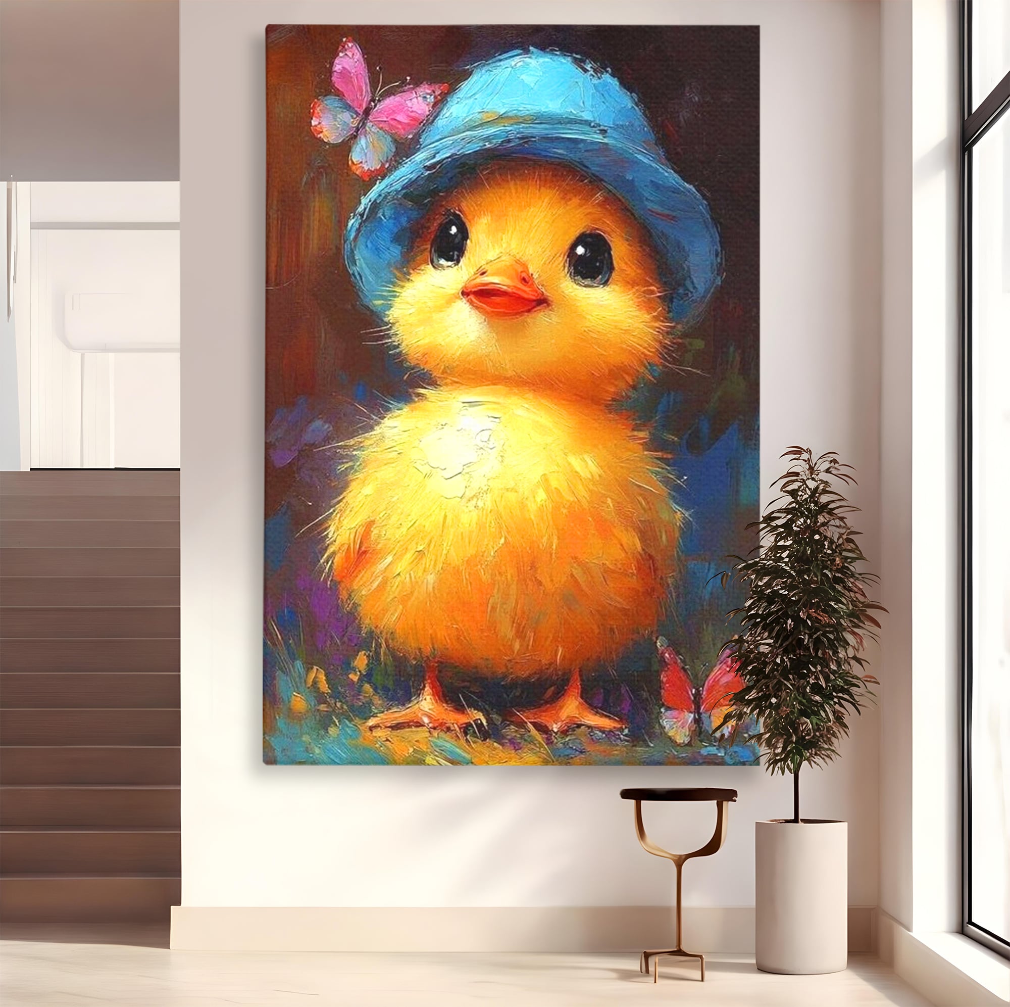 Tablou canvas cu tablou cu pui de gaina si palarie albastra, fara rama, pe sasiu de lemn